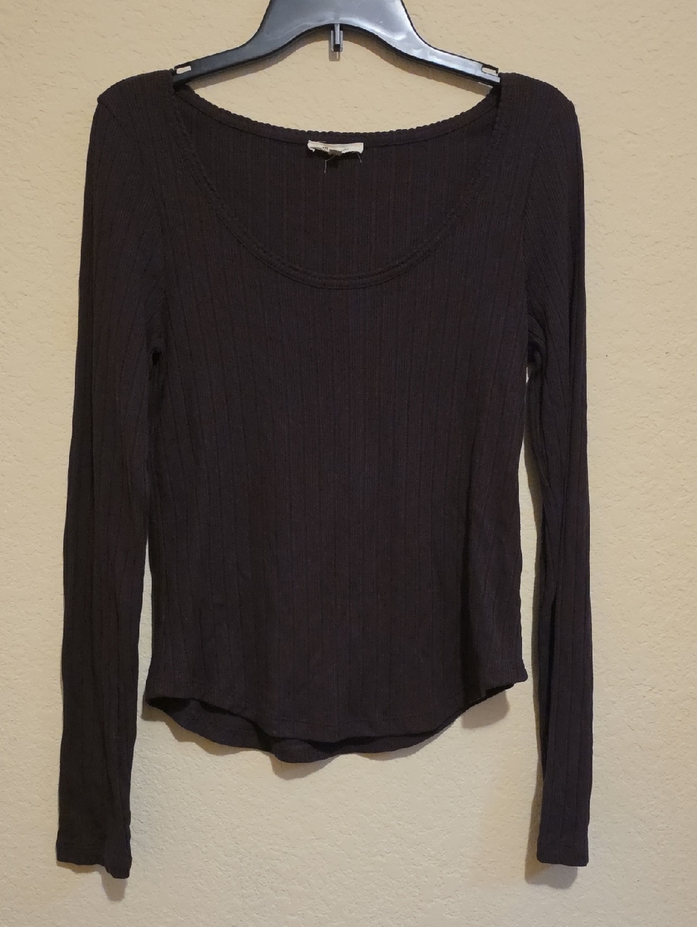 Madewell Dark Brown Ribbed Long Sleeve Scoop Neck Top
